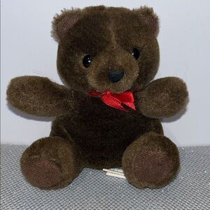 Vtg Teddy Bear Plush 7 in Brown and Red Bow International Silver Co Toy